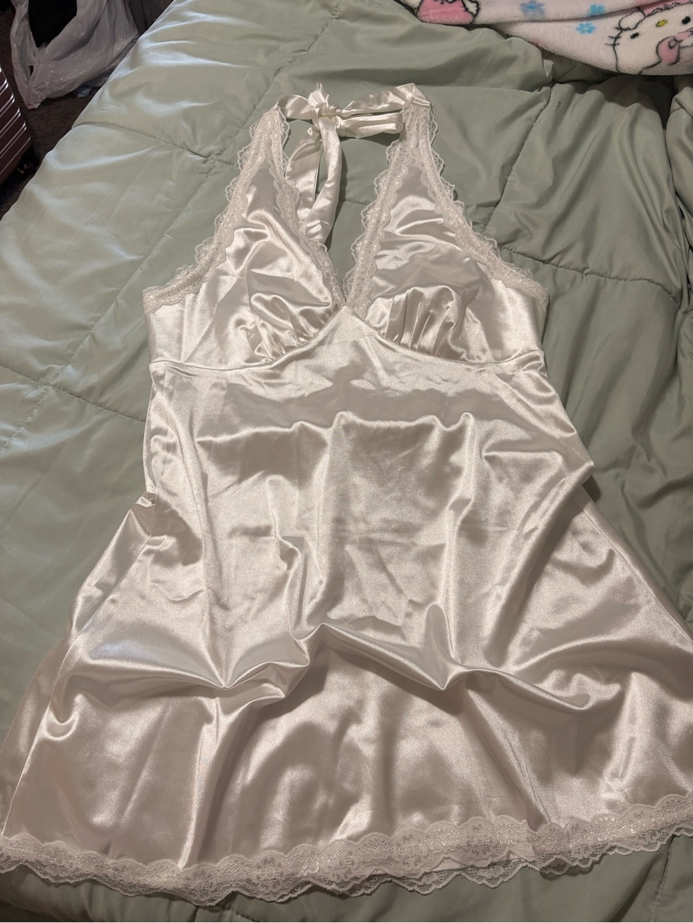 Satin Lace Halter Chemise Nightgown - White